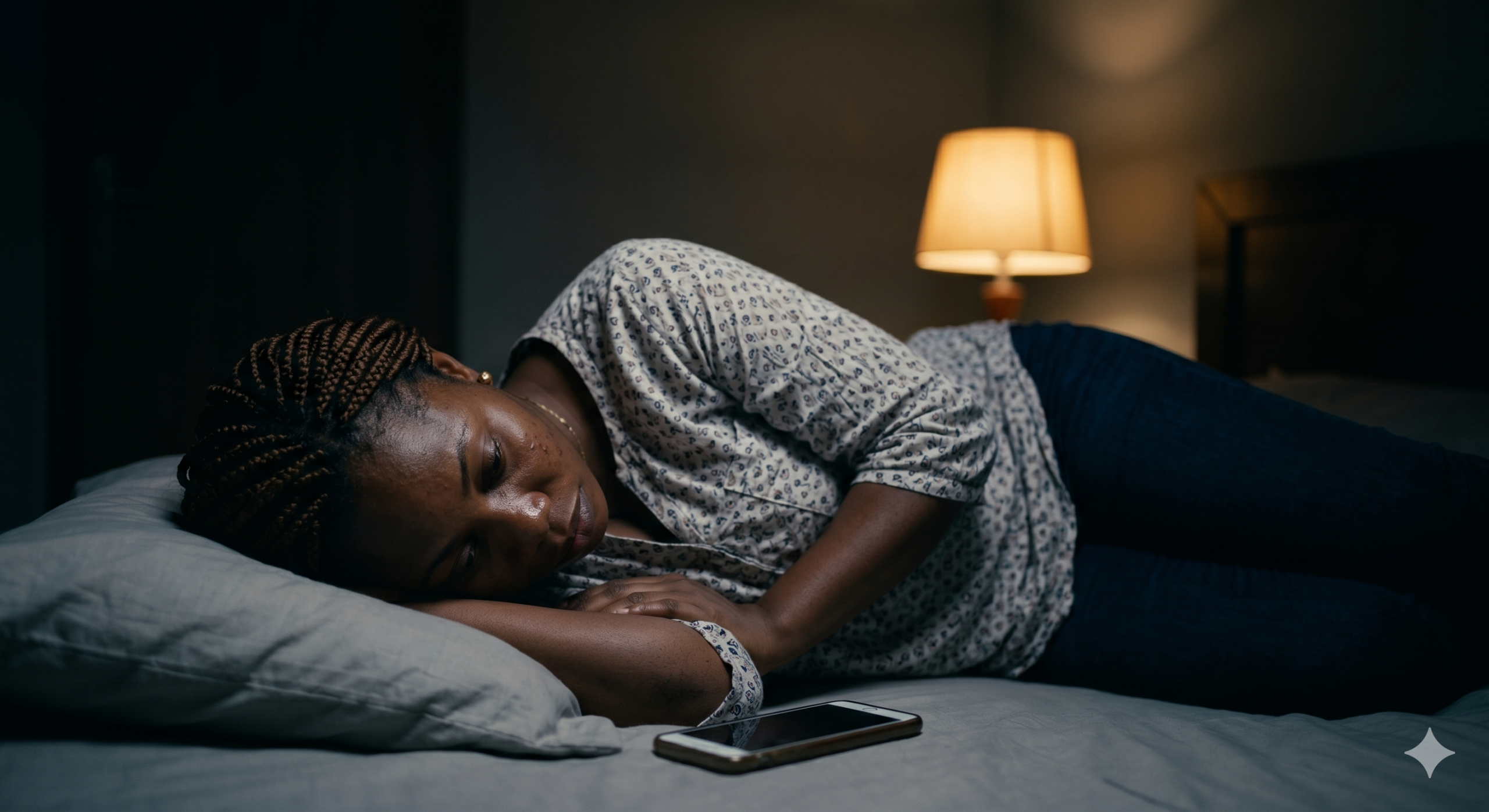 Nigerian woman at night, lost in thought