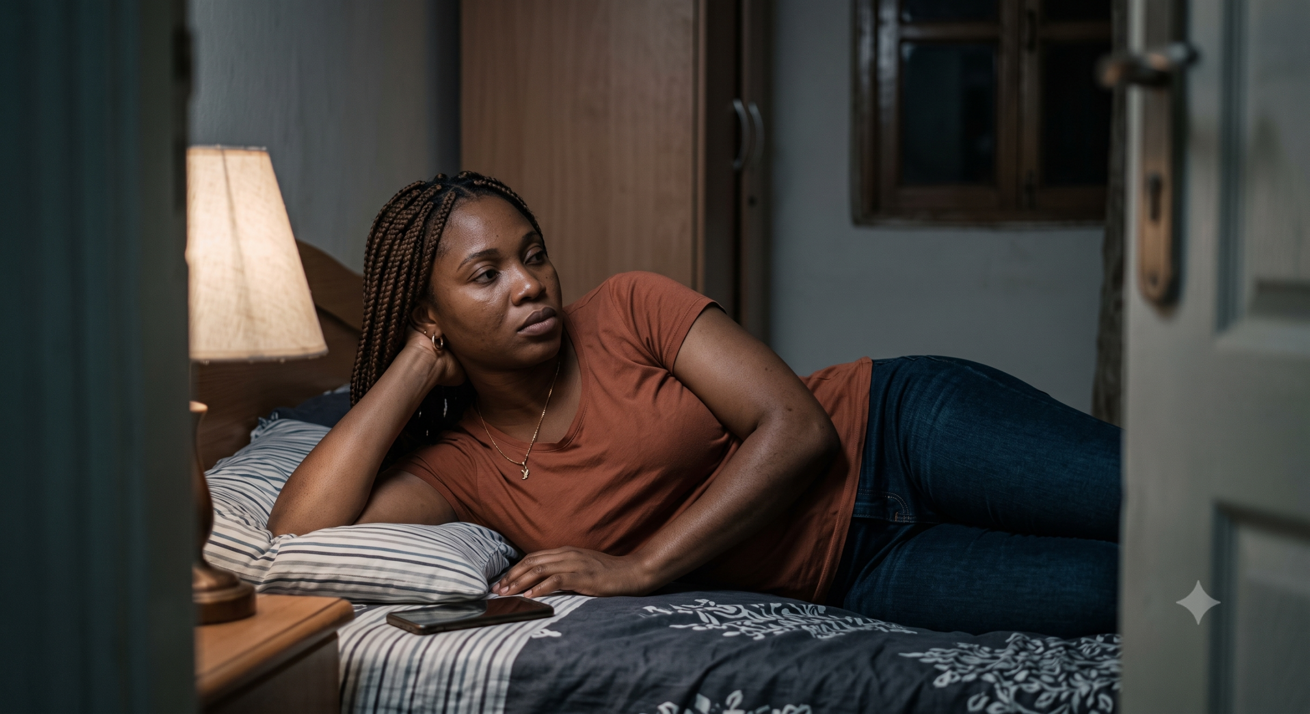 Nigerian woman at night, lost in thought