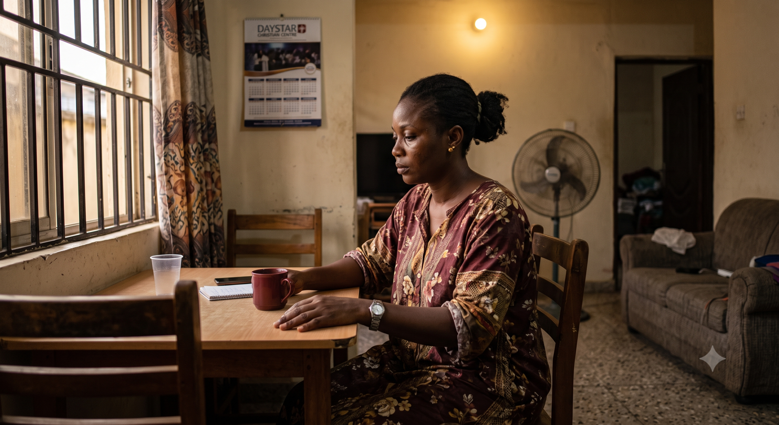 A Nigerian mother sitting with her child at the kitchen table in the evening